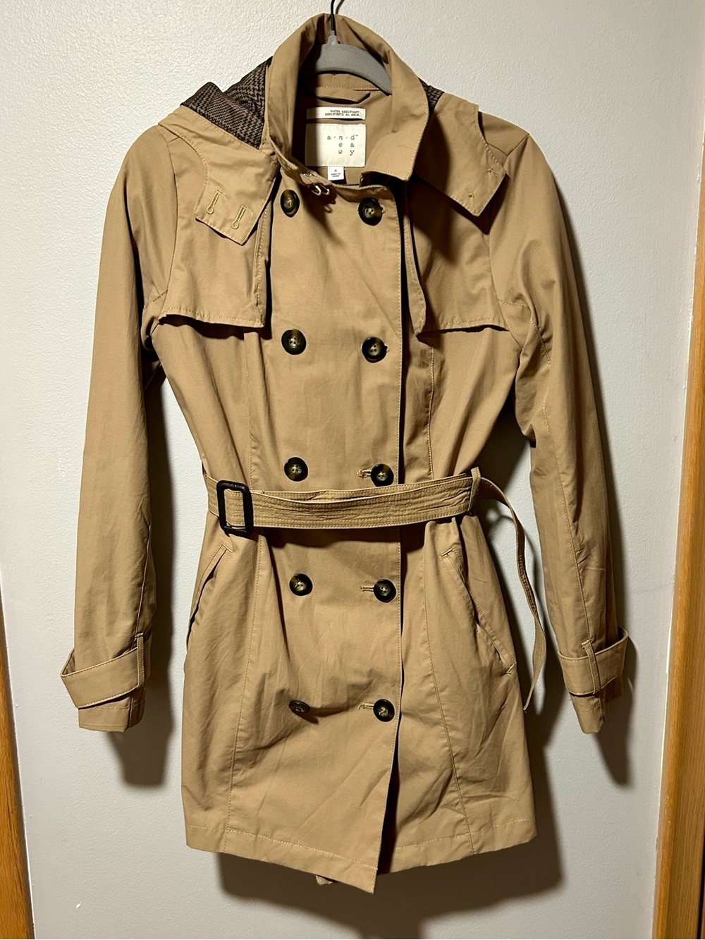a new day Water Resistant Hooded Trench Coat Tan Belted Double Breasted Jacket